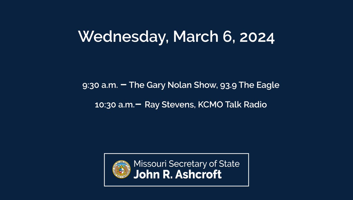 Coming up -- Secretary Ashcroft joins The Gary Nolan Show on @939TheEagle at 9:30 & talks w/ Ray Stevens on @kcmotalkradio at 10:30. #moleg