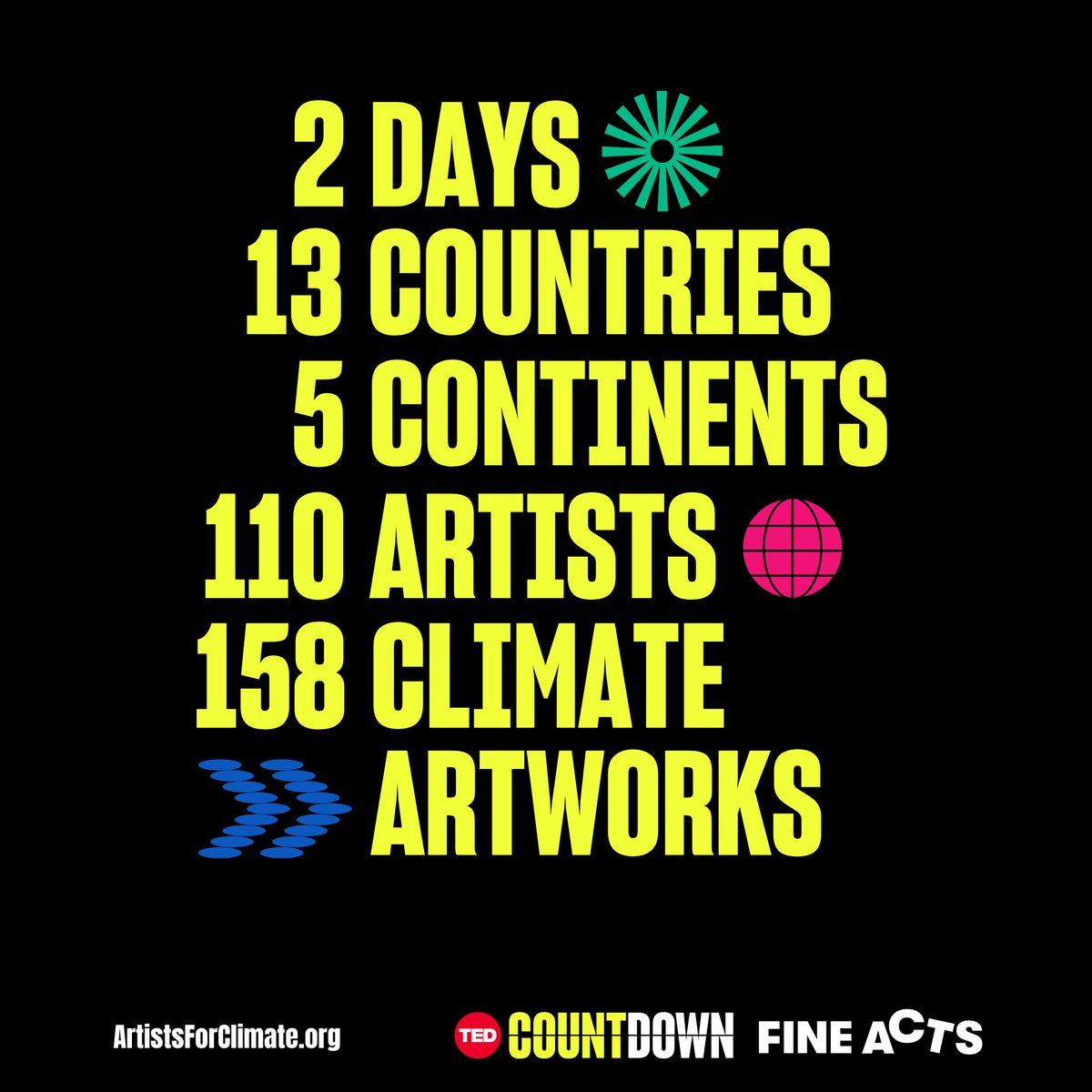 To inspire action and hope for our climate, in 2023, @TEDCountdown and Fine Acts joined forces to kick off a new series of SPRINTS. The goal: empower artists to envision what a better climate future looks like. Check out the results at ArtistsForClimate.org 🌎❤️