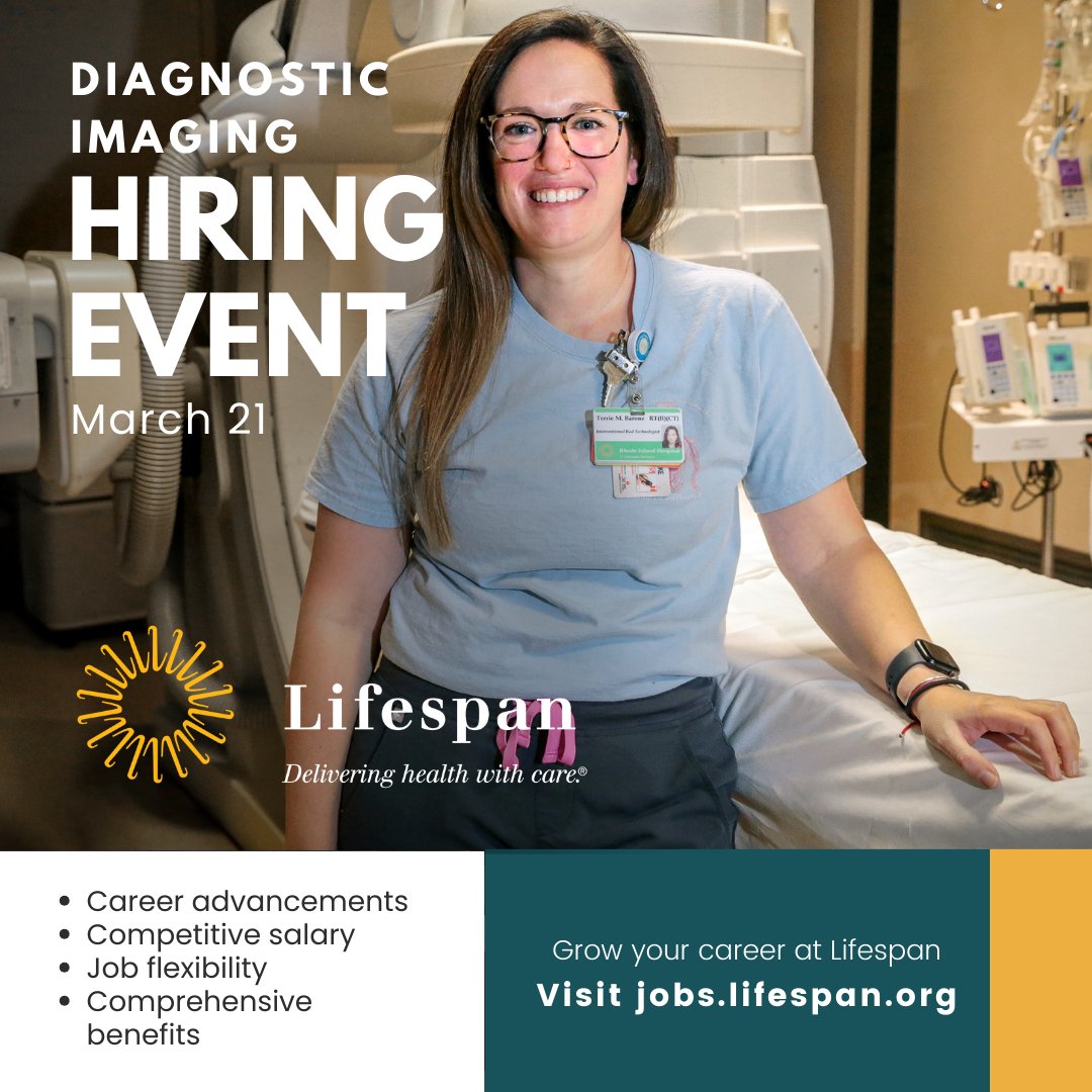 Join the Lifespan Diagnostic Imaging team! We’re holding a virtual hiring event on Thursday, March 21, from 11 to 4 for positions across the Lifespan system in CT Radiology, Ultrasound, MRI, Lead MRI, and X-Ray tech roles. Reserve your interview time at calendly.com/hrmax/di-virtu…