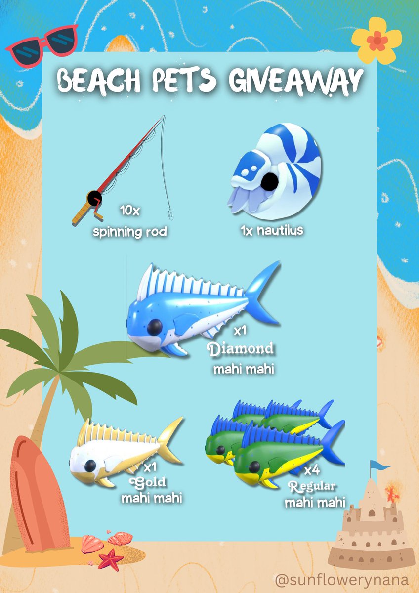 🐚 BEACH PETS GIVEAWAY 🐚

~Rules~
• Follow <a href="/sunflowerynana/">╰☆ 𝖓𝖆𝖓𝖆 ☆╮</a>, <a href="/summerfruit80/">Millie</a> &amp; <a href="/oiichinie/">~ ƈԋιƈԋι ~</a>
• Like &amp; Retweet
• Comment with fish emojis 🎣🐟🐠

⏱️ Ends at enough entries 
#adoptmetrades #adoptmetrading #adoptmeoffer #adoptme #adoptmegiveaway #adoptmegws