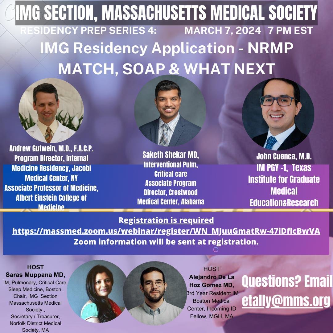 Attention all IMGs! Don't miss this seminar on Match week expectations & next steps if you don't match. My PD Dr.Gutwein is on the panel and will share his crucial insights. A must-attend for all.
massmed.zoom.us/webinar/regist…
Good luck! #IMGs #Match2024 #MedicalGraduates