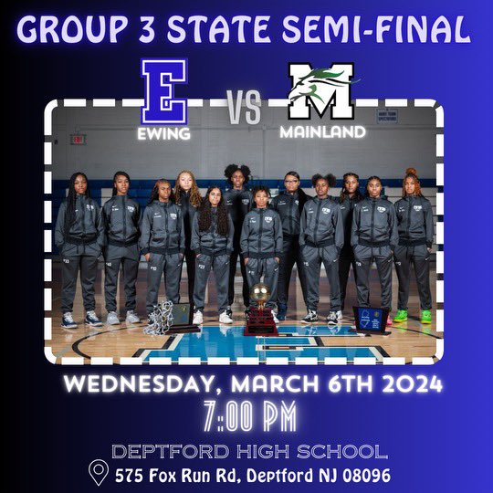 Ewing High School Girls' Basketball (@ewinghighgbb) on Twitter photo 🏀🚨 STATE SEMIFINAL TODAY! 🏀🚨
🎟️ Tickets must be purchased online at the following link: njsiaa.org/tickets
🏀 Tip off is at 7:00 PM.
💻 Live Stream on <a href="/NFHSNetwork/">NFHS Network</a>
<a href="/TheEwingSchools/">Ewing Public Schools</a> @BlueDevilsAD <a href="/ewing_wackos/">WANDISHIN WACKOS</a> <a href="/TheERBL/">The ERBL</a> 🏀🚨 STATE SEMIFINAL TODAY! 🏀🚨
🎟️ Tickets must be purchased online at the following link: njsiaa.org/tickets
🏀 Tip off is at 7:00 PM.
💻 Live Stream on <a href="/NFHSNetwork/">NFHS Network</a>
<a href="/TheEwingSchools/">Ewing Public Schools</a> @BlueDevilsAD <a href="/ewing_wackos/">WANDISHIN WACKOS</a> <a href="/TheERBL/">The ERBL</a>
