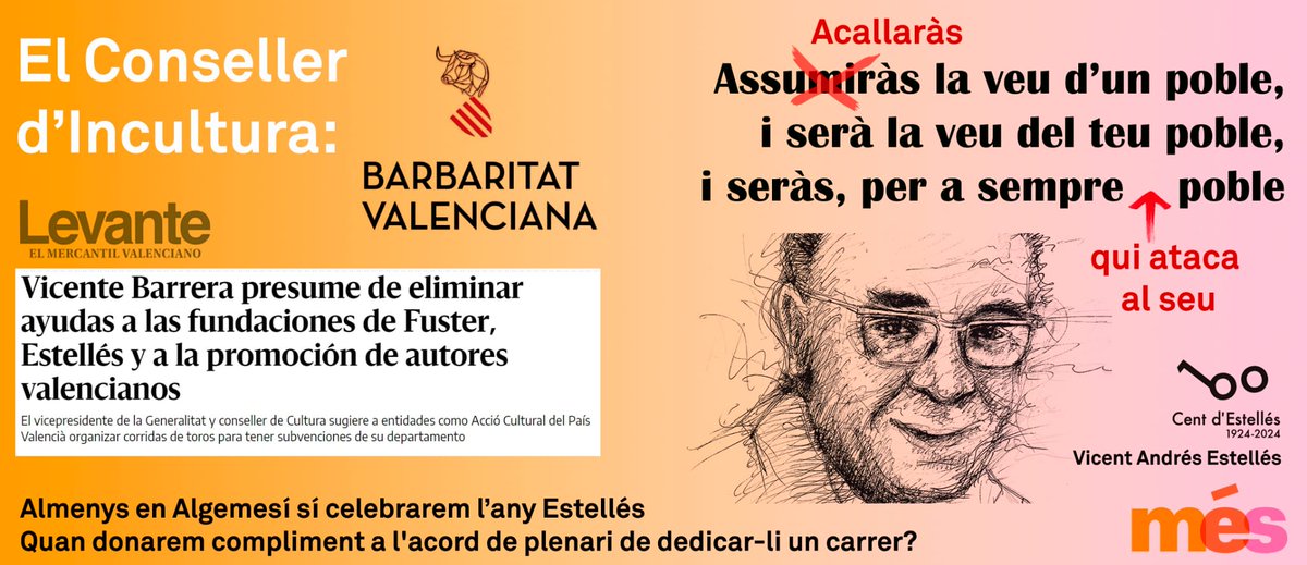 El nostre (micro)espai del BERCA BIM en març li'l dediquem amb molta estima al nostre Conseller d'Incultura de la Barbaritat Valencia, censor per vocació d'ESTELLÉS
Ja li agradaria a ell arribar-li a la sola de la sabata
No es talleu rebontant-lo i fent m'agrada
100 d'ESTELLÉS!!!