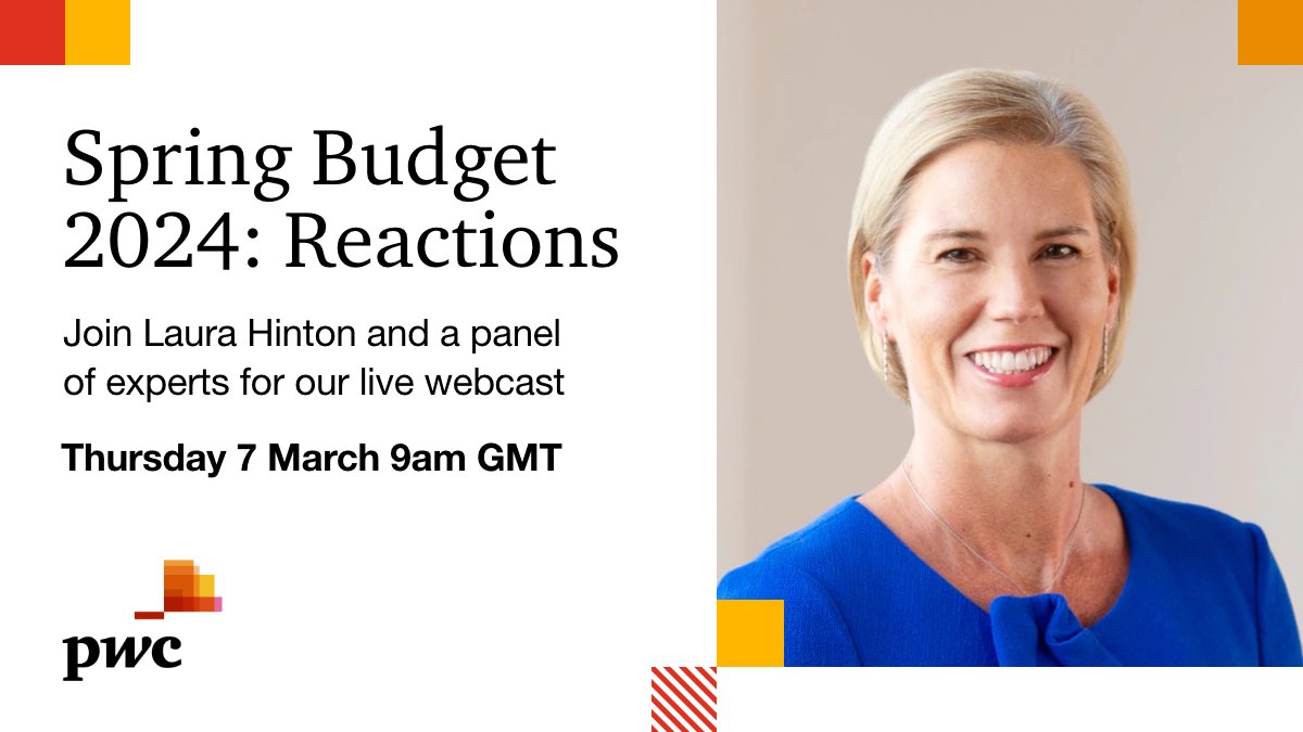 Earlier today the Chancellor of the Exchequer delivered his #Budget2024. Tomorrow @LauraHintonPwC, our UK Tax Leader, and a panel of experts will respond to the announcements made in our live webcast at 9am GMT. Click here to register your interest now: bit.ly/3SOFanx
