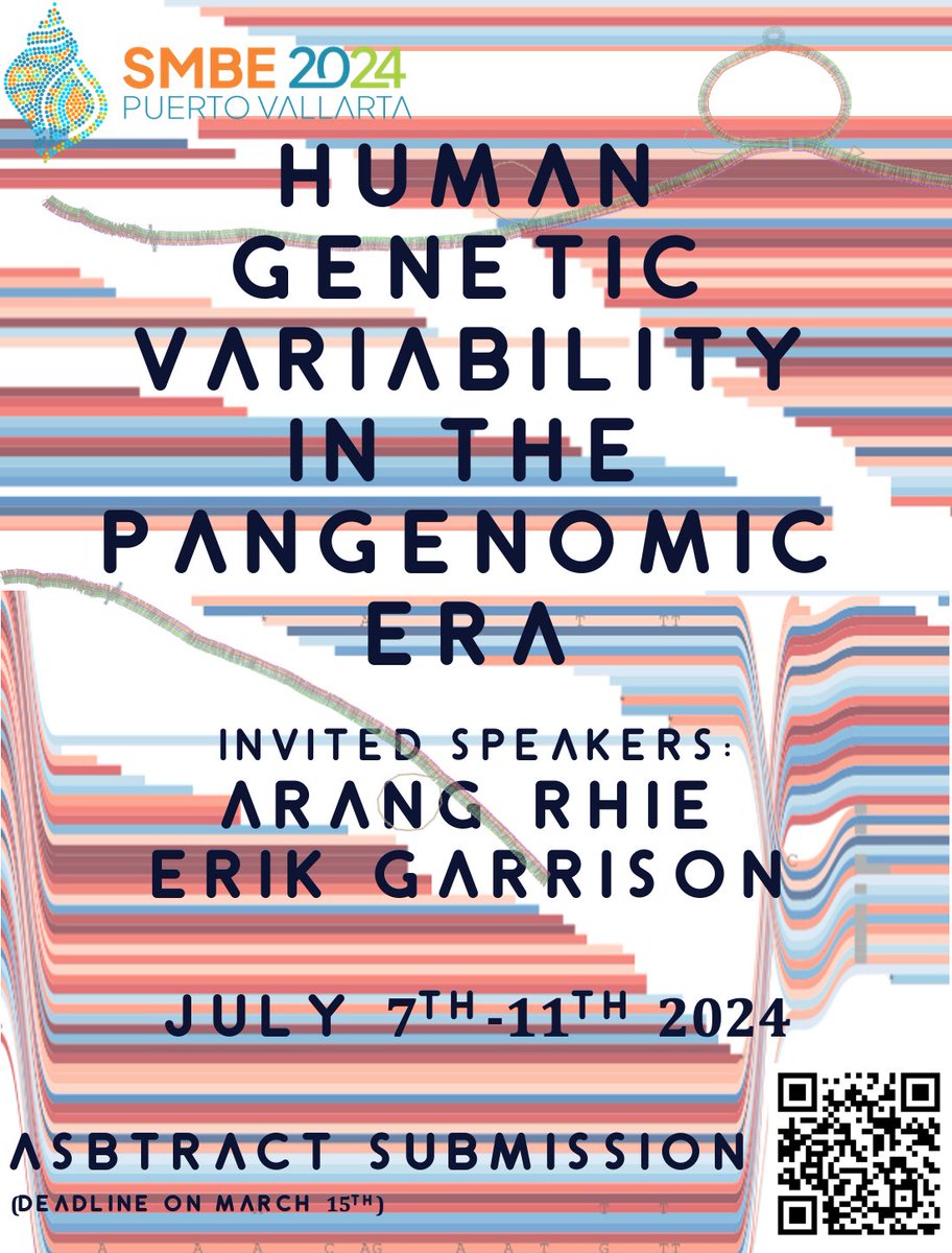 Delighted to announce my friends and I are organising a 'Human Pangenome Variability' symposium at the #SMBE2024 in Puerto Vallarta 🇲🇽. We have two excellent invited speakers @ArangRhie and @erikgarrison. Submit your abstract by March 15th! All info at smbe2024.org