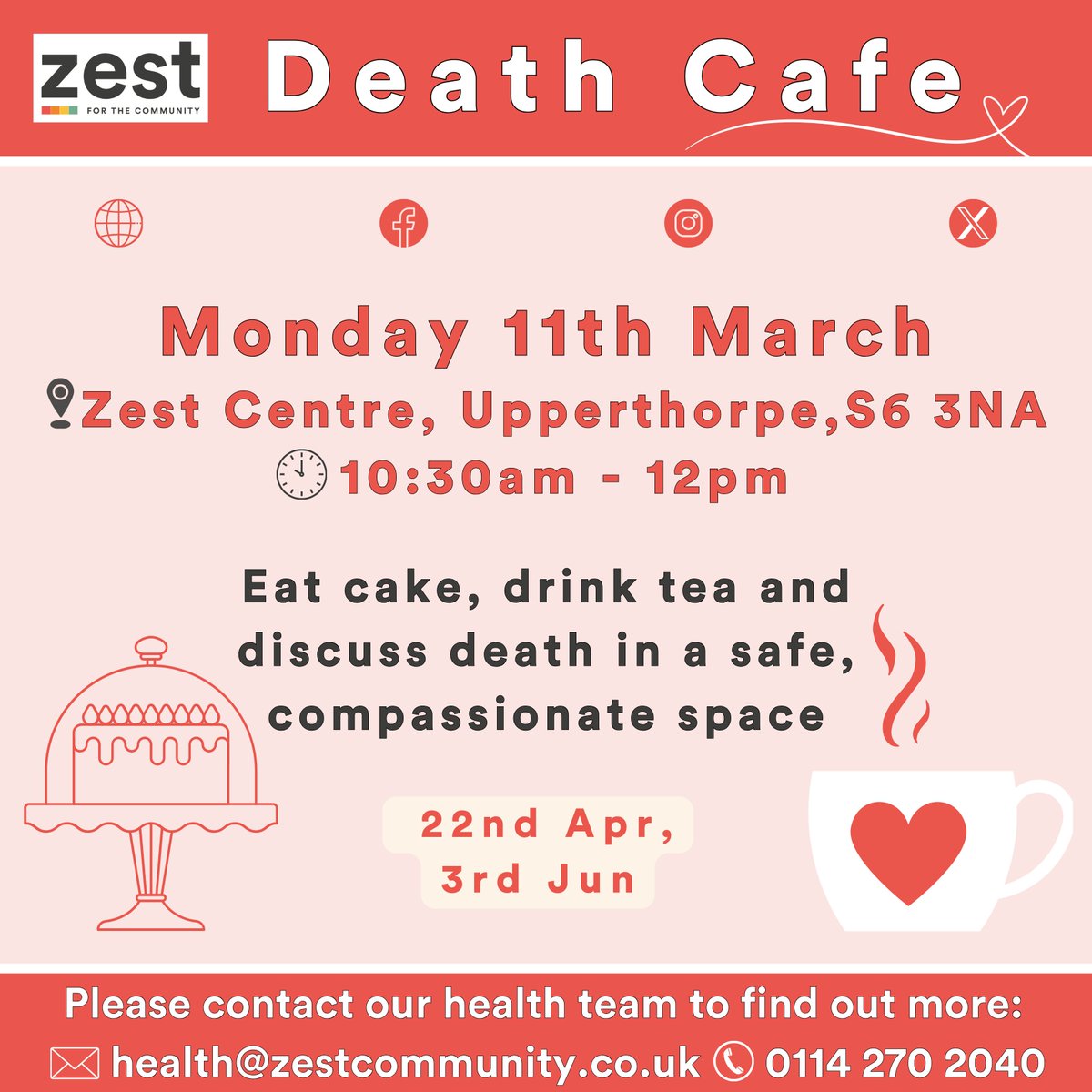 Our next Death Café will be facilitated by Cally Bowman & Caroline Plenty from @CompassionSheff 📅~ Monday 11th March 📍~ Zest Centre - In the studio ⏰~ 10:30am - 12pm Spaces are limited so make sure you sign up via our Eventbrite link👇 eventbrite.co.uk/e/death-cafe-t… #deathcafe