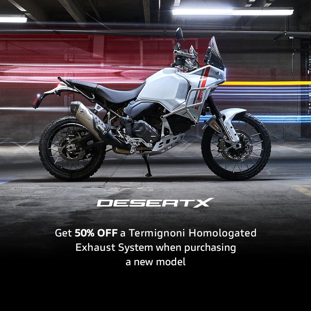 Purchase a new Ducati DesertX before 31st March 2024 and get 50% off the SRP on a Termignoni Homologated exhaust system when ordered at point of purchase.

Discover more: ducati.com/gb/en/current-… #DreamWilder