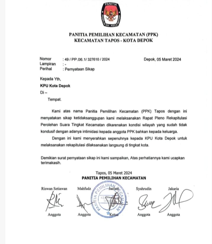 Anggota PPK Kec.Tapos Depok mundur melaksanakan rekapitulasi karena INTIMIDASI dan menyerahkan langsung ke KPU utk melaksanakan rekapitulasi tsb