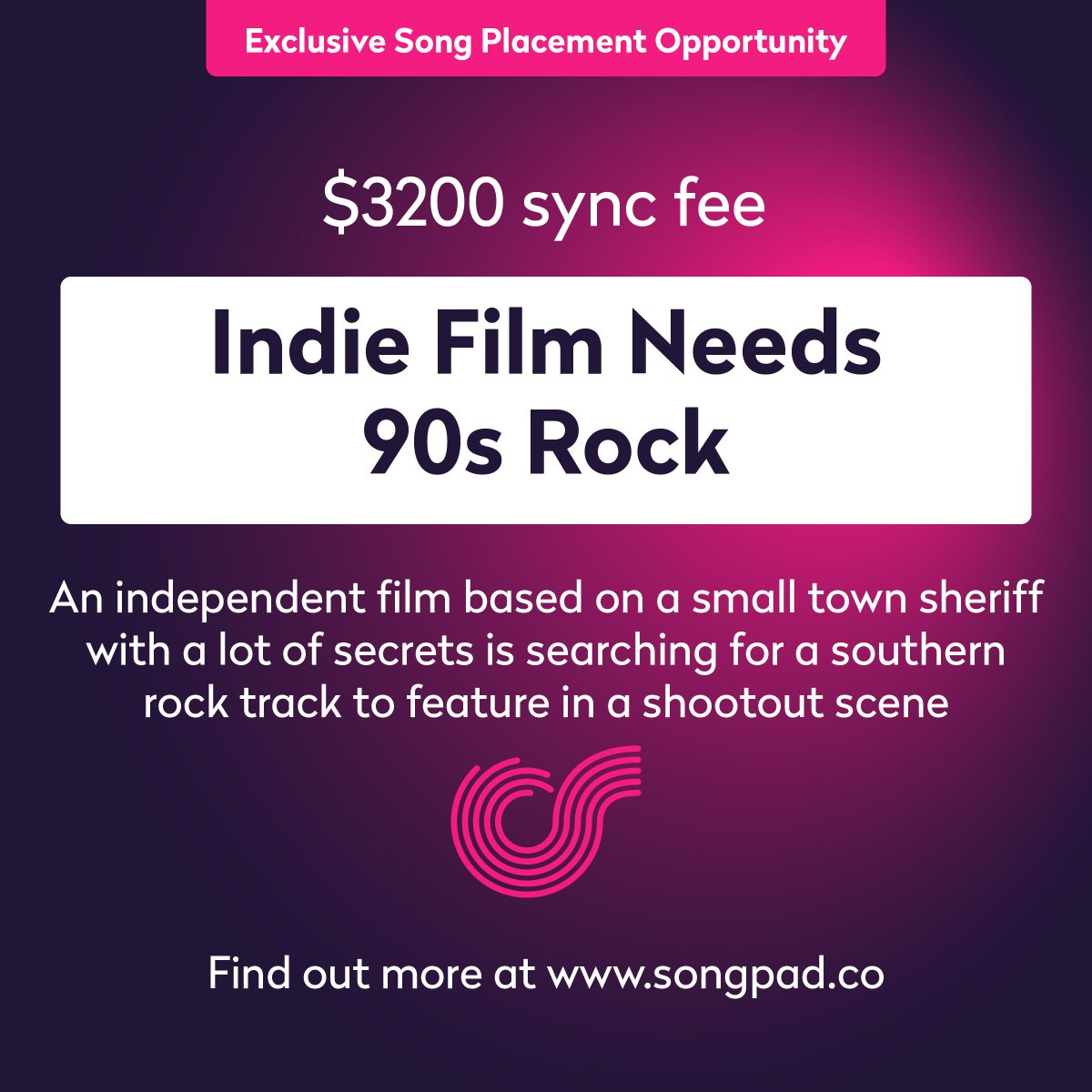 An independent film based on a small town sheriff with a lot of secrets is searching for a southern rock track to feature in a shootout scene between the main character and an escaped prisoner. Find out more at songpad.app #sync #syncopps