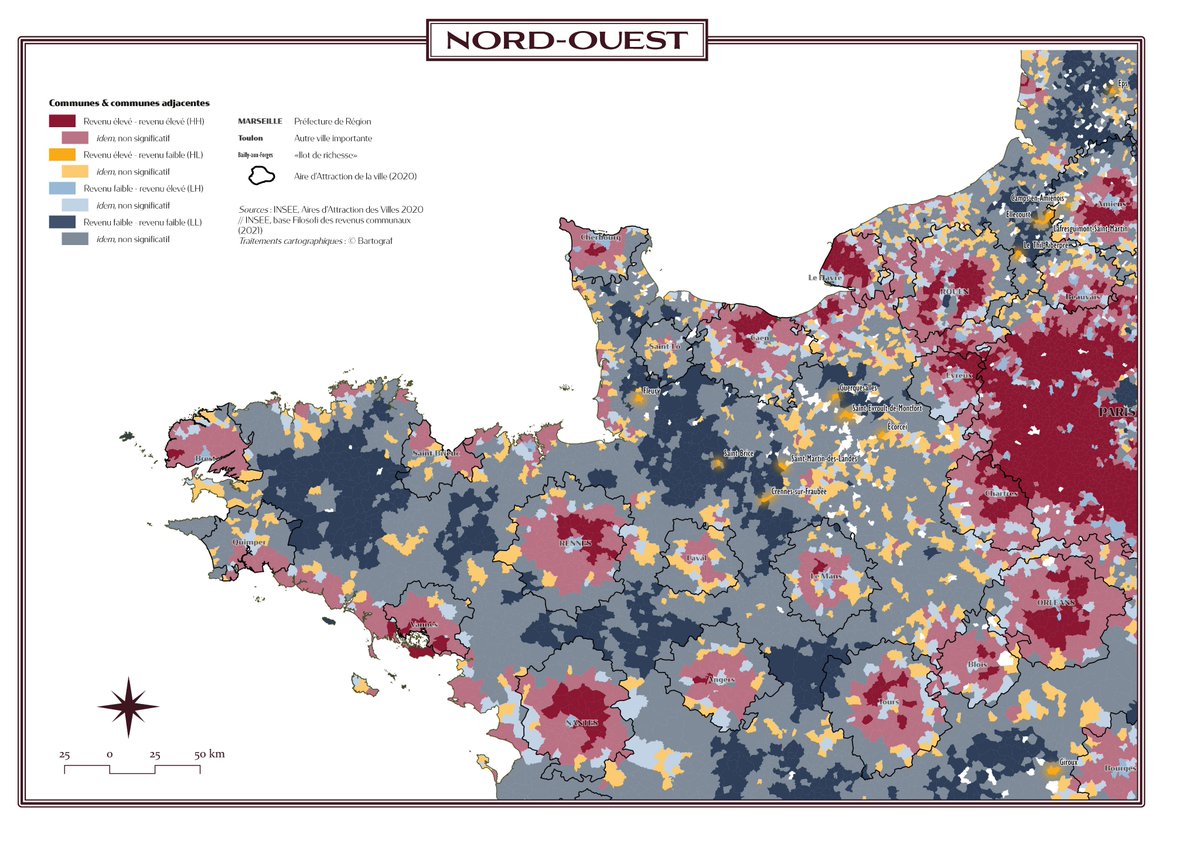 Laguigne77's tweet image. ...et les « îlots de pauvreté » (une commune pauvre entourée de communes riches). Ça va, vous suivez toujours ? 
On est aussi capable de mesurer la significativité statistique de ces regroupements (je vous épargne la méthode utilisée) : même couleur mais plus claire. 4/8