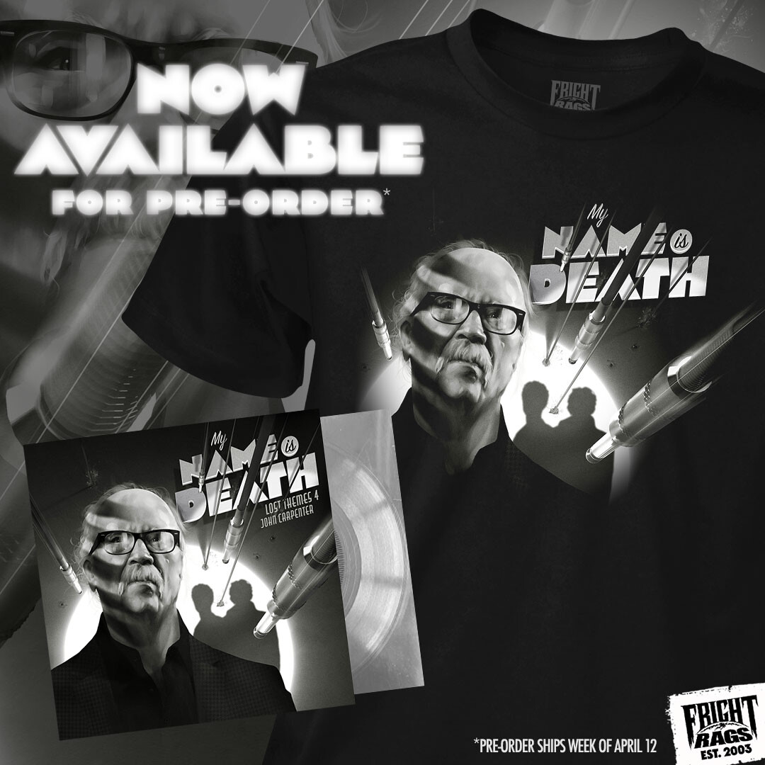 🎵 John Carpenter's MY NAME IS DEATH Tee & Flexi Disc Vinyl bundle is now up for pre-order! Exclusive Vinyl of the first single from his upcoming album 'Lost Themes IV: Noir' + matching t-shirt! LIMITED TO 500. SHOP: bit.ly/432oCgJ