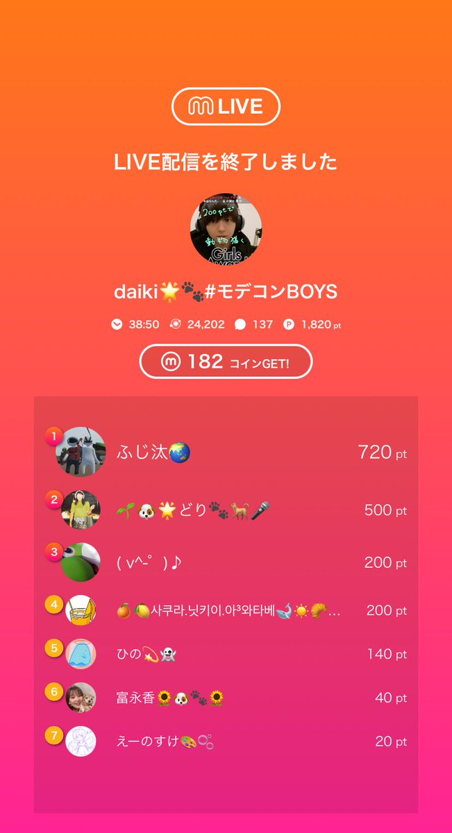 🎥:daiki🌟🐾#モデコンBOYSのライブ配信
今日もありがとう！！
mixch.tv/u/17235510