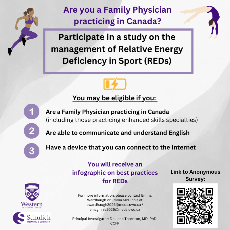 📢Calling all 🇨🇦 Family Medicine physicians! Please help our medical students' research study & complete this survey on identification & treatment of Relative Energy Deficiency in Sport (REDs). Receive an infographic to use in your practice. Survey link: uwo.eu.qualtrics.com/jfe/form/SV_0A…