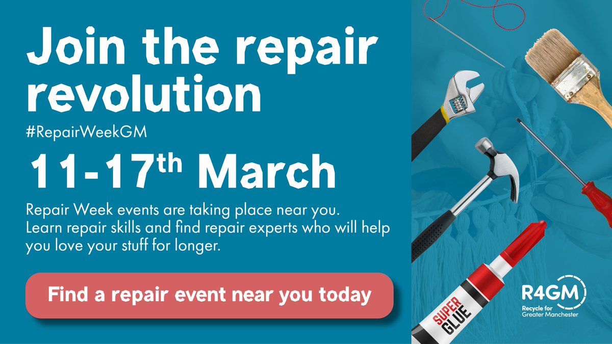 Join the repair revolution this Repair Week.
11 - 17 March 2024.
Fall back in love with your stuff by trying to fix it or find a repair hero who can help.
Read more here:
communitynewsgm.co.uk/join-the-repai…
#sustainability #repairweekgm #repairweek #community #greatermanchester #recycleforgm