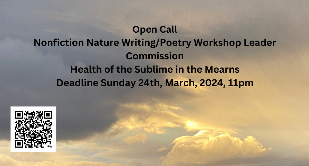 Please share! Nonfiction nature writer/eco-poetry tutors sought for writing workshops on the lived experience of wellbeing in the natural world through the lens of climate change. Supported by #creativescotland #naturewriting #ecopoetry #wellbeing #climatechange #poetry