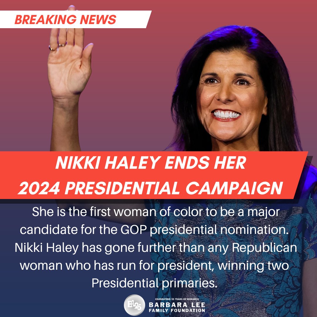 Nikki Haley ends her herstoric Presidential Campaign. Despite her loss, Nikki Haley made #herstory—she has gone further than any Republican woman. She is the first woman of color to be a major candidate for the GOP presidential nomination, making strides for women in politics.