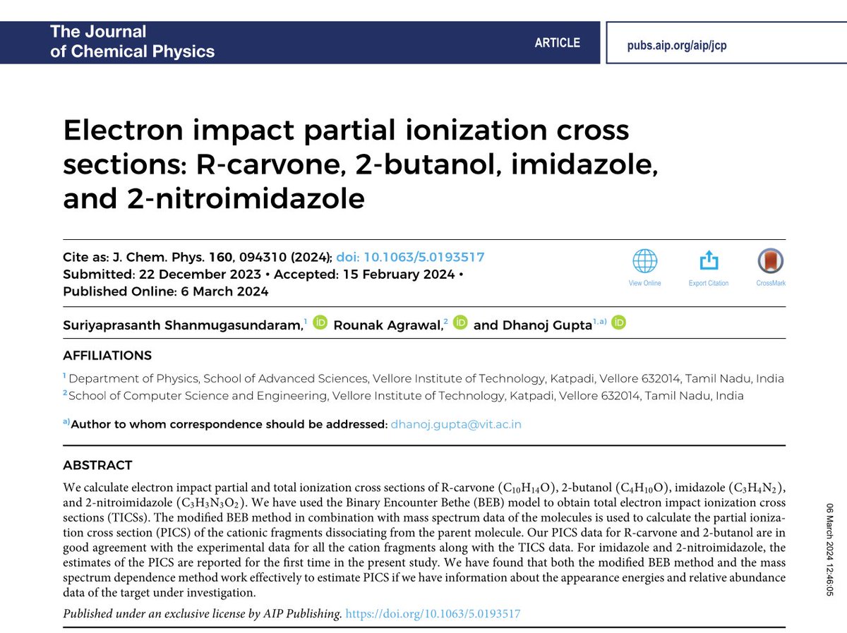 Take a look at my work, it's published now. We have calculated the partial ionization cross sections for several targets.  doi.org/10.1063/5.0193…
#molecularphysics #JCP #PhDlife #AcademicTwitter #scienceTwitter #compchem #physics #NewPublication