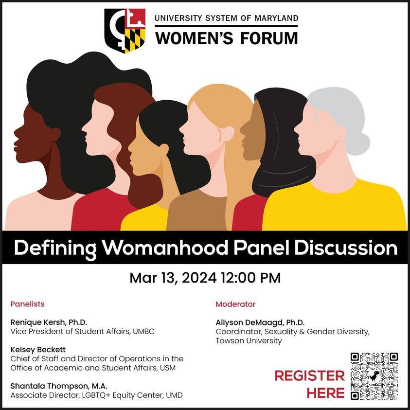 University System of Maryland Women's Forum (@usmwomensforum) on Twitter photo Join us in one week! 🚨 In celebration of Women's History Month, the <a href="/USMWomensForum/">University System of Maryland Women's Forum</a> presents "Defining Womanhood Panel Discussion!" 🔥
This engaging panel explores facets of womanhood through the lens of distinguished leaders in academia! Register here! bit.ly/3UGfso0 Join us in one week! 🚨 In celebration of Women's History Month, the <a href="/USMWomensForum/">University System of Maryland Women's Forum</a> presents "Defining Womanhood Panel Discussion!" 🔥
This engaging panel explores facets of womanhood through the lens of distinguished leaders in academia! Register here! bit.ly/3UGfso0