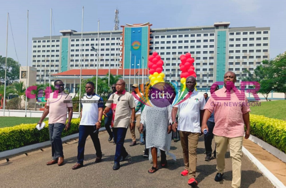 Citi973's tweet photo. NDC Members of Parliament, under the leadership of North Tongu MP, Samuel Okudzeto Ablakwa,  marched to the National Cathedral construction site to issue a statement. The cathedral, initially slated for commissioning today as announced by former Finance Minister Ken Ofori Atta in the 2021 budget statement, has sparked discontent among the minority MPs. Dissatisfied with the project's expenditure thus far, the MPs plan to conduct a press conference at the site to voice their concerns. #CitiNewsroom