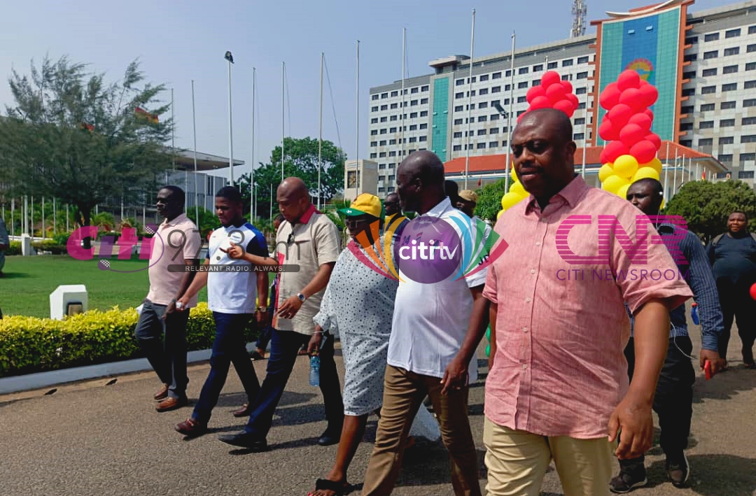 Citi973's tweet photo. NDC Members of Parliament, under the leadership of North Tongu MP, Samuel Okudzeto Ablakwa,  marched to the National Cathedral construction site to issue a statement. The cathedral, initially slated for commissioning today as announced by former Finance Minister Ken Ofori Atta in the 2021 budget statement, has sparked discontent among the minority MPs. Dissatisfied with the project's expenditure thus far, the MPs plan to conduct a press conference at the site to voice their concerns. #CitiNewsroom
