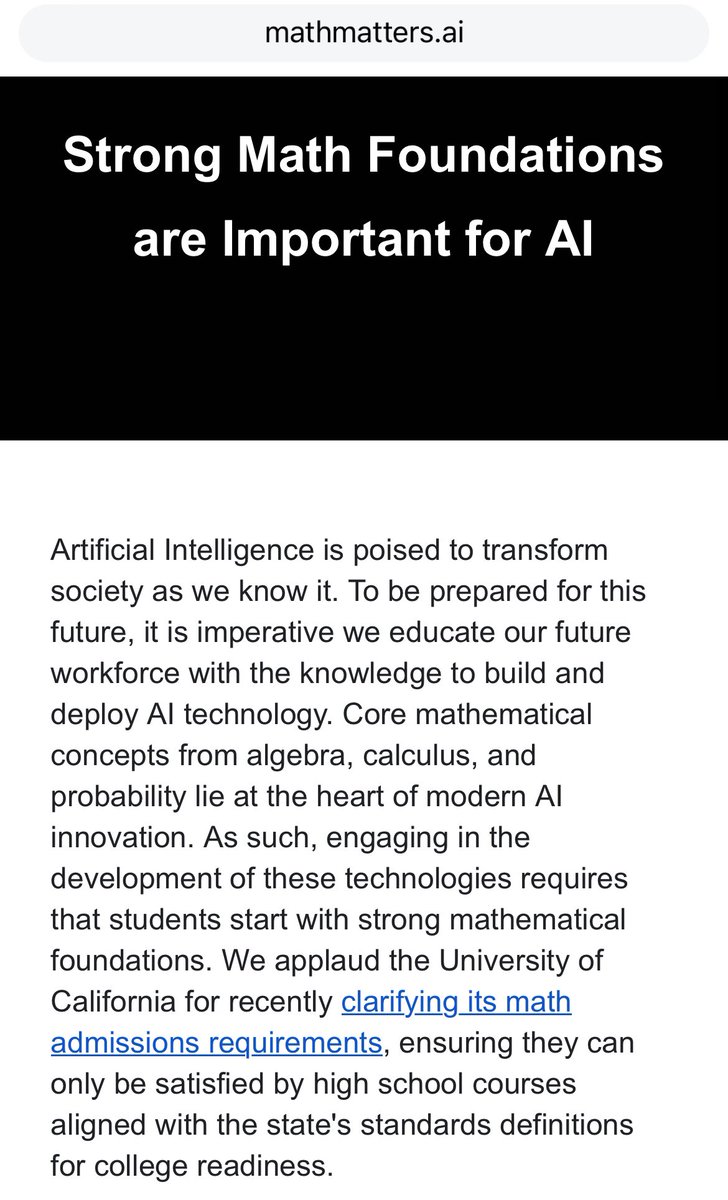 @elonmusk and @sama may not agree on much of late, but do agree AI is built on strong math foundations, including algebra and calculus, applauding @UofCalifornia for recent clarifications on math requirements for admission. Many industry leaders signed: mathmatters.ai