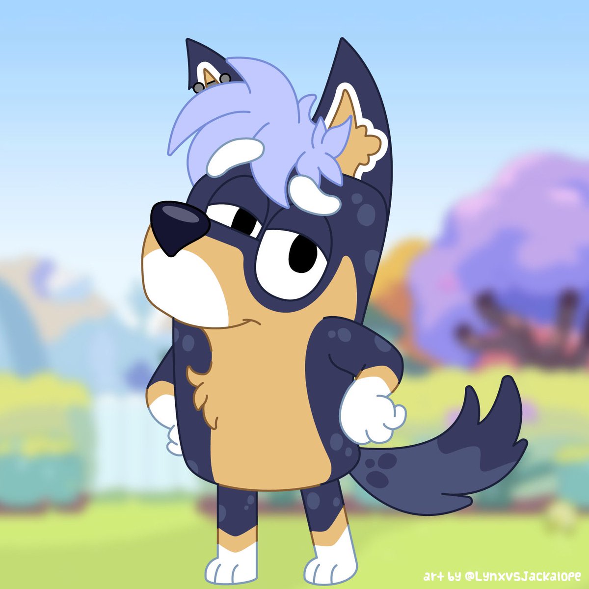 “Oooh, you can be my husband 🌝” 

I drew <a href="/PatchArcana/">@patcharcana@furry.engineer</a> as one of Bluey and Bingo’s neighbours 💙🧡