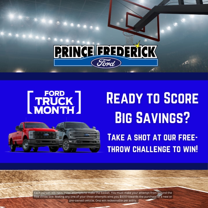 Game on at Prince Frederick Ford! Shoot a free throw to win $500 off the purchase of a new or pre-owned vehicle. Three shots, big savings! 🏀💰