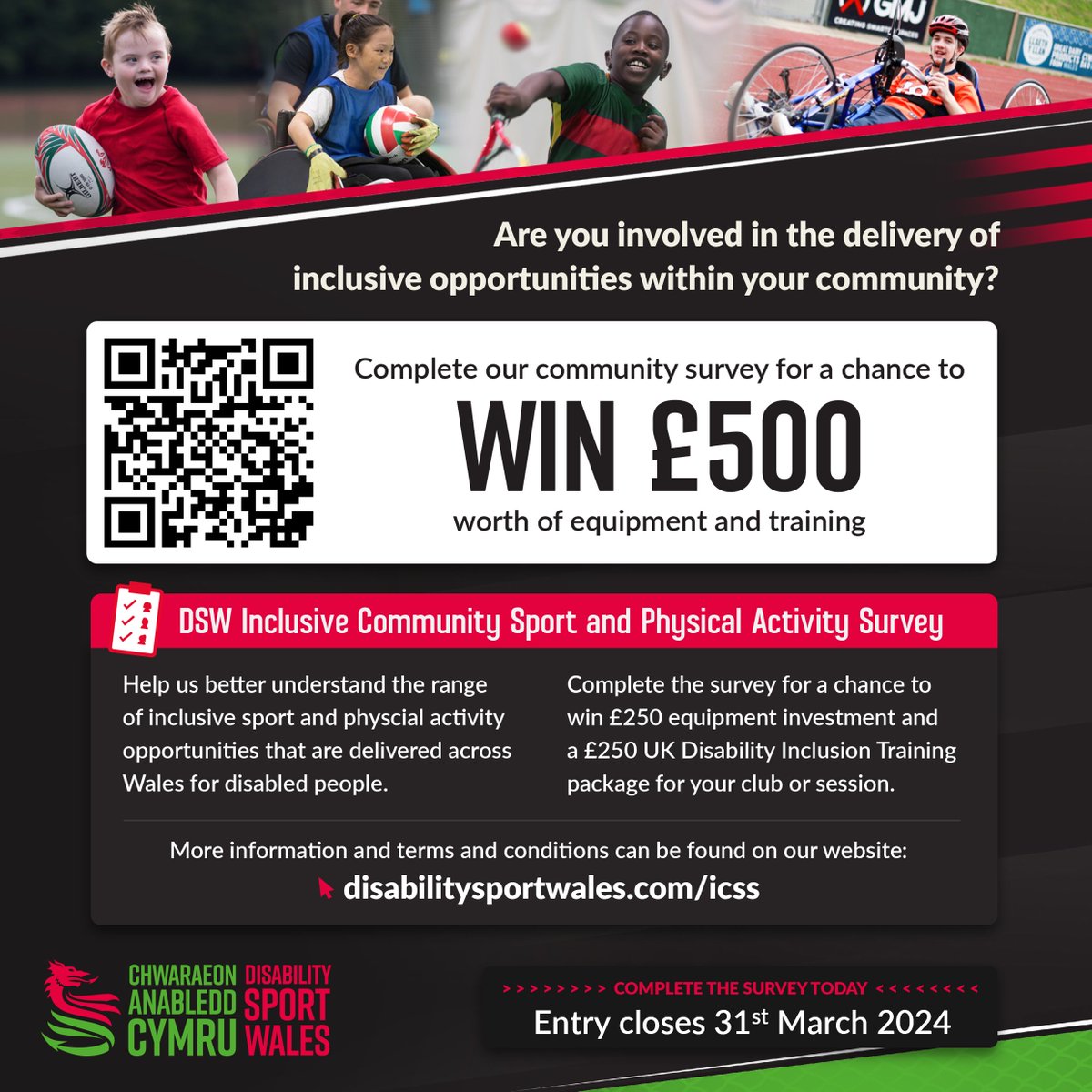 🤔 Delivering inclusive opportunities within your community?

Help us better understand the range of inclusive opportunity across Wales. Complete the survey for a chance to win a training package and equipment for your club!

🔗 ow.ly/JrGK50QLMVj