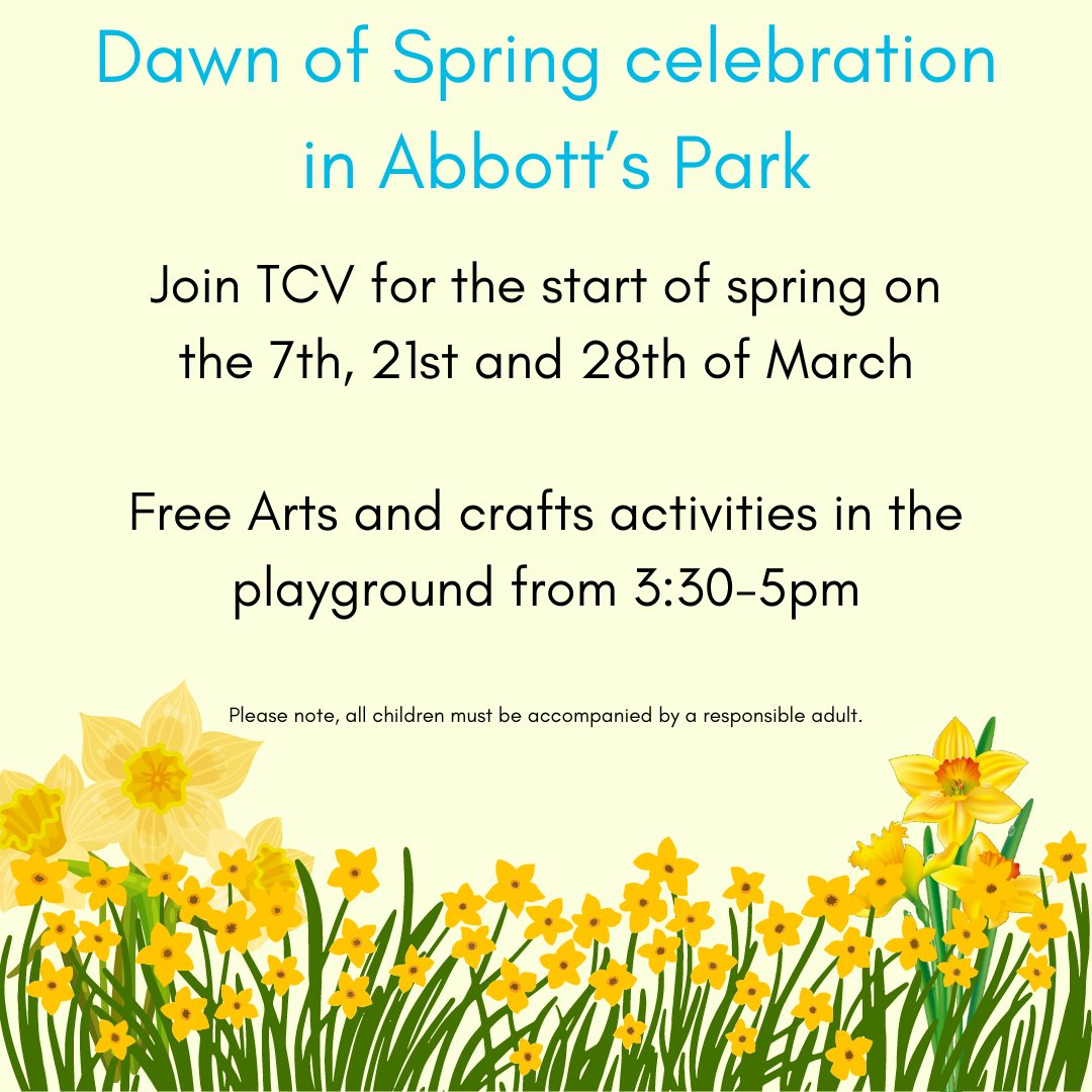 Join us tomorrow and on two other dates in March for some family fun in Abbots Park! There will be colouring, nature crowns and scavenger hunts all for free. Please note, all children must be accompanied by a responsible adult.