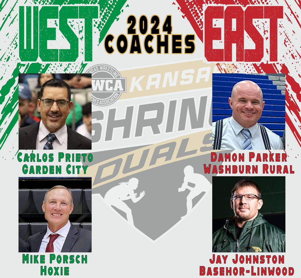 Introducing your East and West coaches for the inaugural Kansas Shrine Duals! Be sure to join us for an epic day of wrestling #ForTheKids! Support your All-Star or purchase tickets at buff.ly/3uRICpj