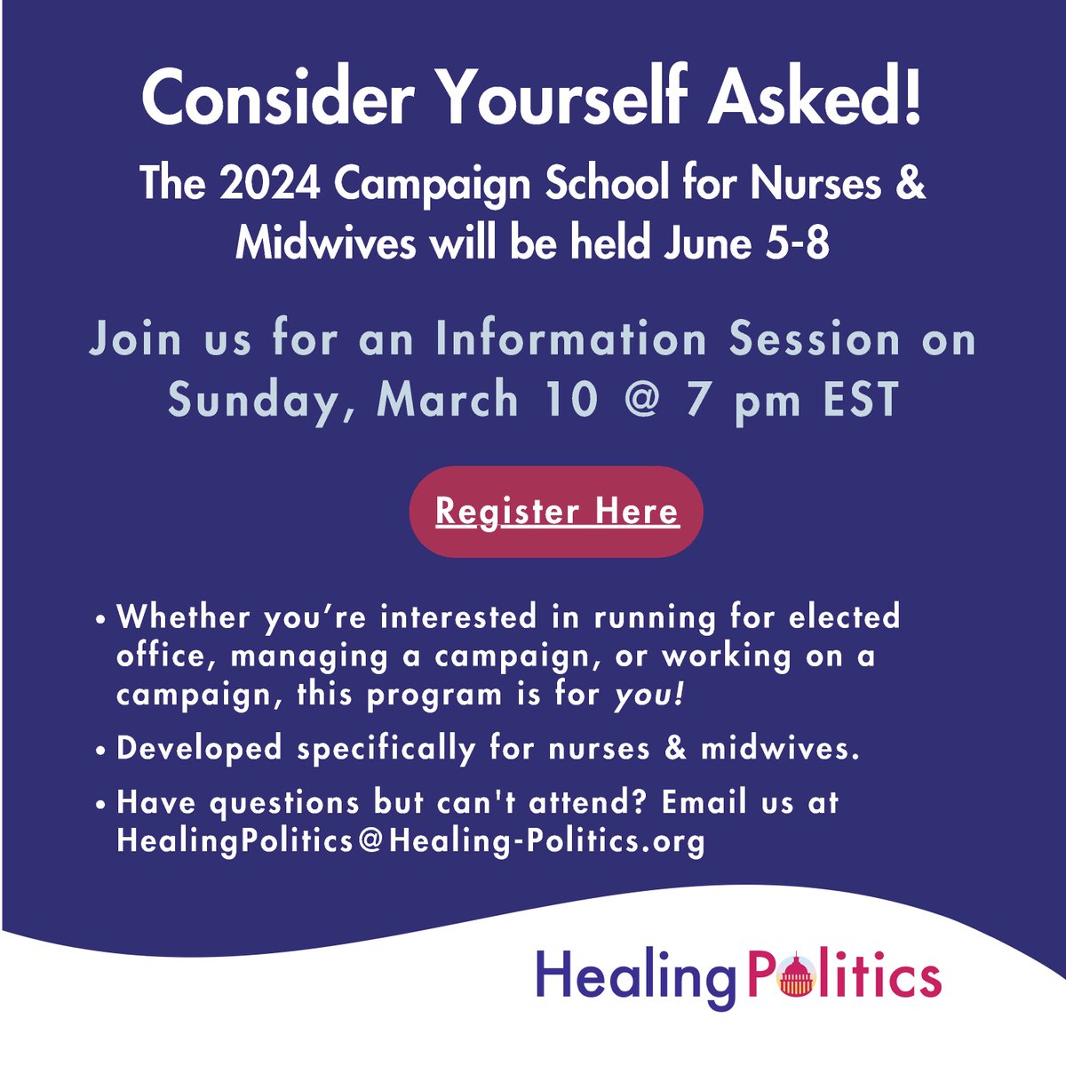 TNpolicynurse's tweet photo. Many of my nurse colleagues have what it takes to run for office, get elected, & help produce better public policy. We need more nurses to help address problems related to health & health care. Please consider enrolling in the @HealngPolitics #CampaignSchool @TNNursesAssoc https://t.co/uWKOrDSwQa