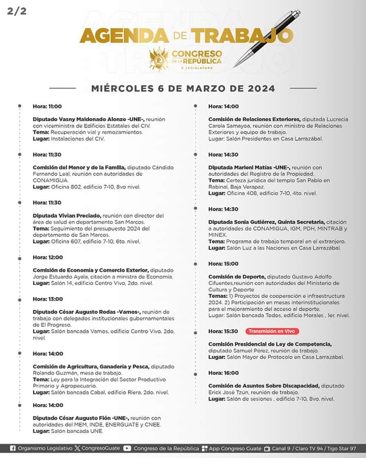 🏛 CONGRESO DE LA REPÚBLICA 
La agenda de #TrabajoLegislativo de esta jornada.

📆 miércoles 6 de marzo de 2024.

📲#guateplurinacional 
📸 <a href="/Congresogt/">Monitor Legislativo</a>