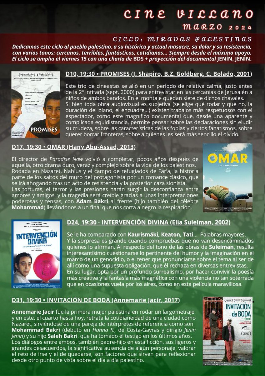 🇵🇸 Ciclo de cine palestino en La Villana de Vallekas

🎞️ 4 películones para acercarnos a la realidad palestina, los domingos de marzo a las 19:30, os esperamos!

🍉 Hablemos de Palestina todos los días, no vamos a normalizar un genocidio!

👉🏾 lavillana.org/cine