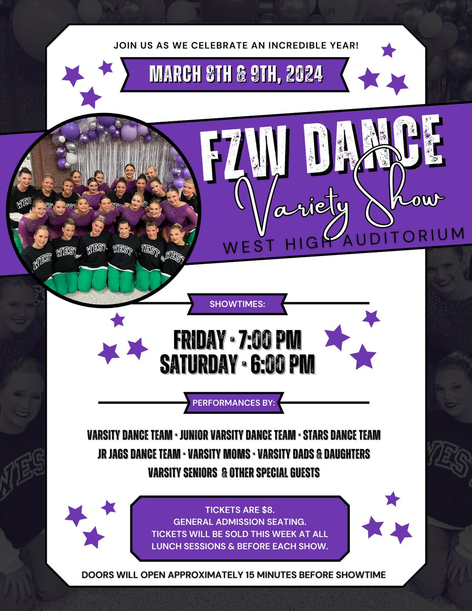 Please join us as we celebrate this past year at our annual Variety Show!! You’ll see performances from Varsity &amp; JV, Varsity Moms, Varsity Dads, Stars Dance Team, Jr. Jags Dance Team &amp; so much more!! Tickets will go on sale today at all lunches. We hope to see you there!! 💜💜💜