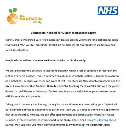 North Cumbria NHS Research (NCIC) (@ncicresearch) on Twitter photo Volunteers needed for MANDARIN diabetes study. People with or without diabetes can take part. Please e-mail: research.edu@ncic.nhs.uk if interested. Volunteers needed for MANDARIN diabetes study. People with or without diabetes can take part. Please e-mail: research.edu@ncic.nhs.uk if interested.