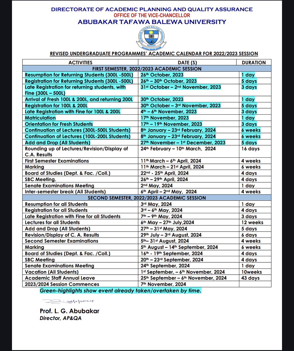 REVISED ACADEMIC CALENDAR