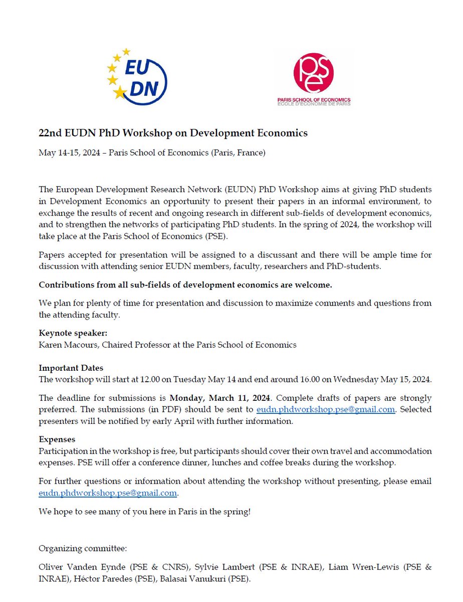 Hรฉctor Paredes Castro (@hparedes_c) on Twitter photo Call for papers!๐จ
The 22nd edition of the EUDN PhD Workshop on Development Economics will be held from 14-15 May 2024 in Paris at <a href="/PSEinfo/">Paris School of Economics</a>! ๐ซ๐ท
Deadline for submissions: March 11th
dropbox.com/scl/fi/j3a2v25โฆ Call for papers!๐จ
The 22nd edition of the EUDN PhD Workshop on Development Economics will be held from 14-15 May 2024 in Paris at <a href="/PSEinfo/">Paris School of Economics</a>! ๐ซ๐ท
Deadline for submissions: March 11th
dropbox.com/scl/fi/j3a2v25โฆ