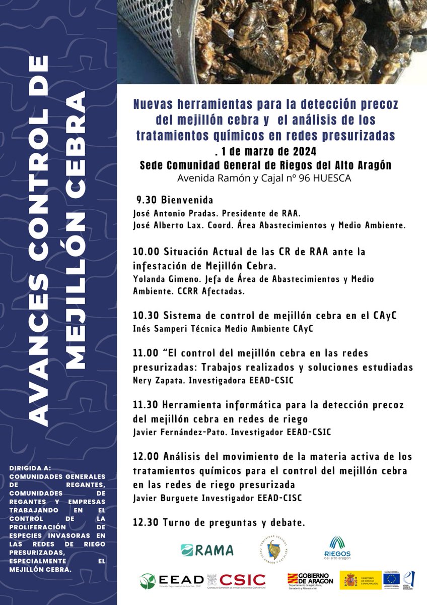 📆 1/3/2024 📅
⌚️ 9-30 a12.30 ⌚️
👩‍🏫 “Nuevas herramientas para la detección precoz del mejillón cebra y el análisis de los tratamientos químicos en redes presurizadas”