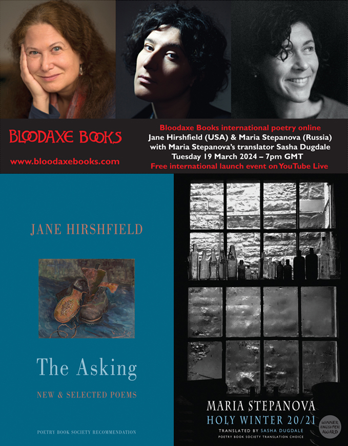 Join us on Tue 19 March, 7pm GMT for the online launch of our March titles: Jane Hirshfield's THE ASKING and Maria Stepanova's HOLY WINTER 20/21 (trans Sasha Dugdale). We'll also hear poems from the new SOUL FEAST anthology Watch live or later on YouTube: bloodaxebooks.com/events?article…