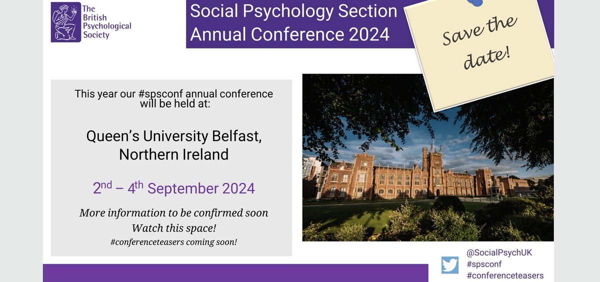 📢 Exciting News! 🗓️ Starting March 1st, registration opens for the Social Psychology Section's Conference 2024 on the theme 'Utilizing Social Psychology to Address Conflict, Societal Divisions, and Cohesion.' For more info and updates: bps.org.uk/event/social-p… #spsconf