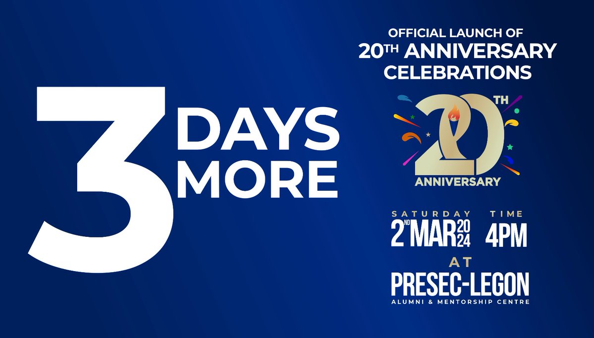 ƆDADEƐ 2004

Our bidecennial anniversary is here and all roads lead to the Ɔdadeɛ Alumni &amp; Mentorship Centre for the grand launch of our yearlong commemorative celebrations

Date - 2nd March, 2024
Time - 4pm

See you there! 

In Lumine Tuo Videbimus Lumen

#Ɔdadeɛ4Life
#PRESEC