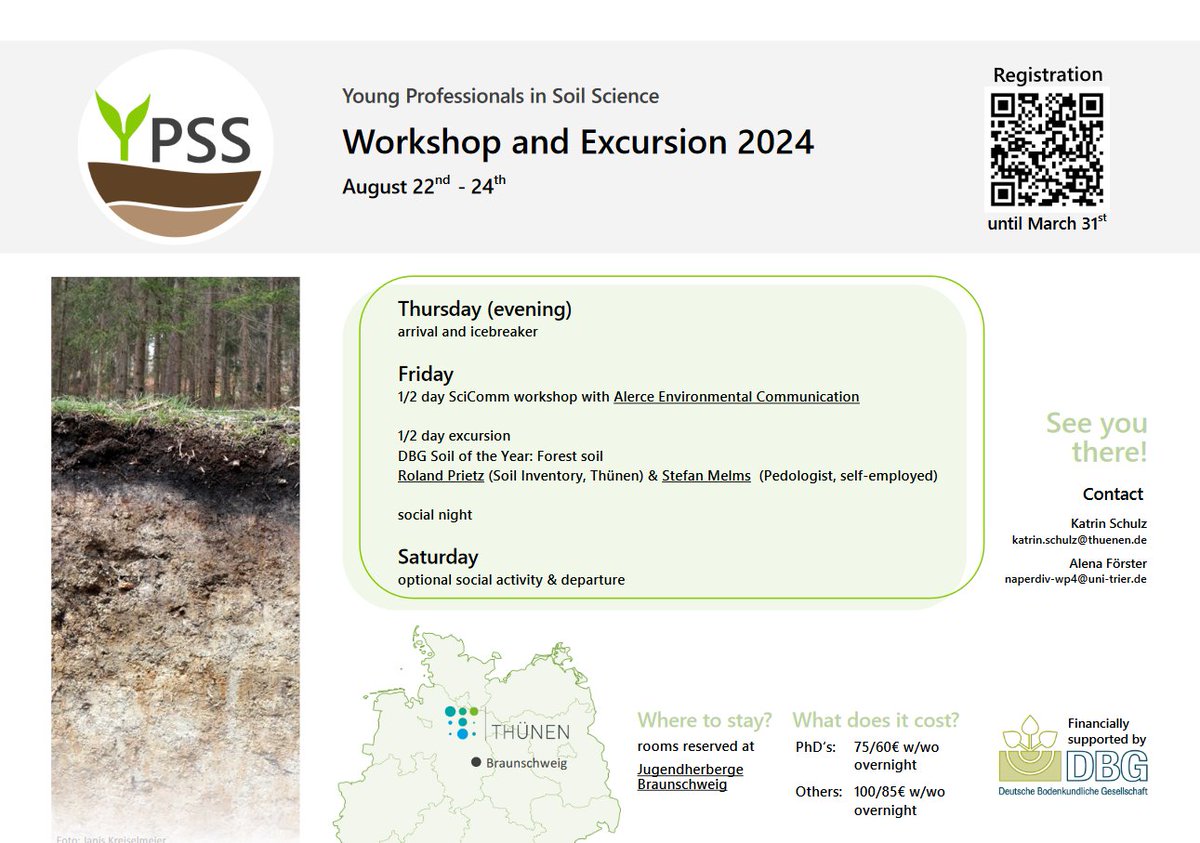 📣 YPSS #SciComm workshop & excursion 📆 Aug 22nd - 24th 2024 🗺️ Thünen-Institute in Braunschweig Are you a #SoilScientist looking for some summer networking activity? Join the #YoungProfessionalsSoilScience - a platform for exchange and skill development. 👇 links in thread