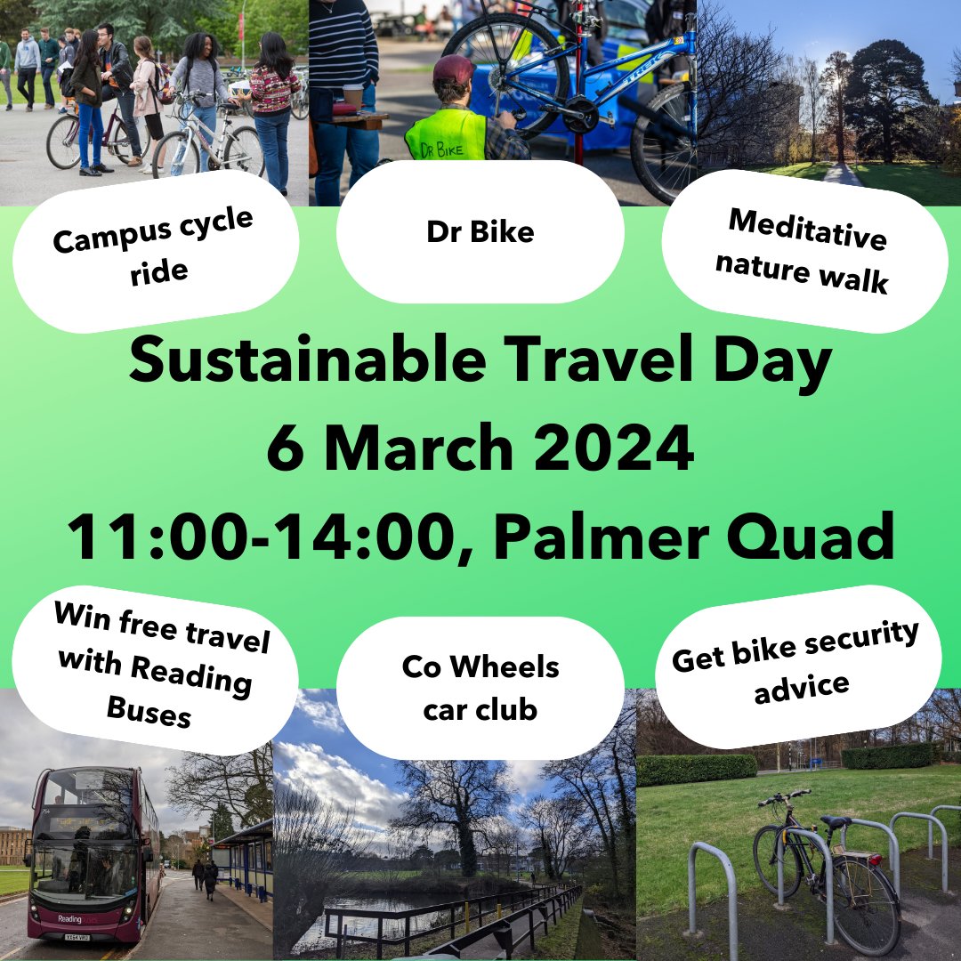 It's one week to go until our Sustainable Travel Day on 6 March! Come along to Palmer Quad between 11am and 2pm to explore the benefits of sustainable modes of transport. There's a meditative nature walk at 11:30 and campus cycle ride at 13:30 - see our Linktree