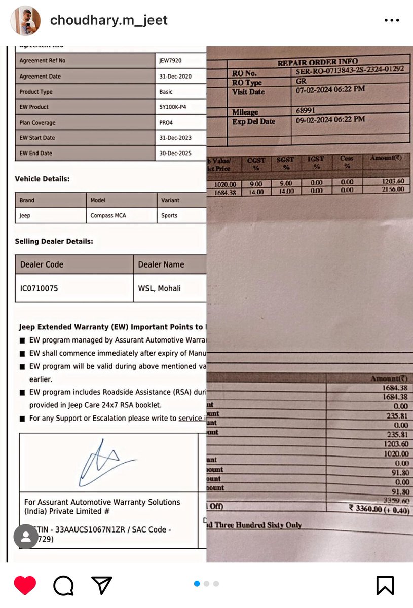 PunitSaharan's tweet photo. @JeepIndia has #defrauded us by selling us extended warranty on my Jeep compass for 38000/- . When there was some issue in clutch cylinder, then they told me my vehicle was not eligible for extended warranty in the first place. https://t.co/QKi7ZuNJtz