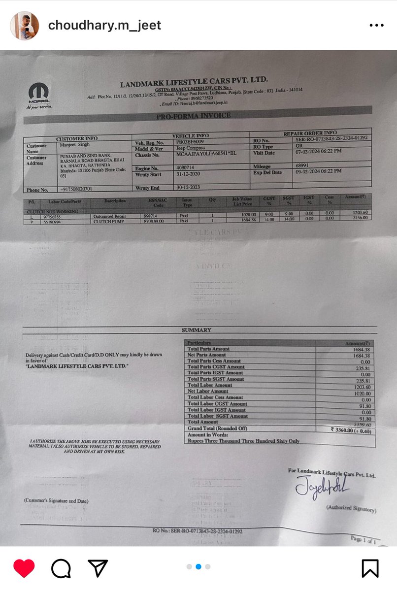 PunitSaharan's tweet photo. @JeepIndia has #defrauded us by selling us extended warranty on my Jeep compass for 38000/- . When there was some issue in clutch cylinder, then they told me my vehicle was not eligible for extended warranty in the first place. https://t.co/QKi7ZuNJtz