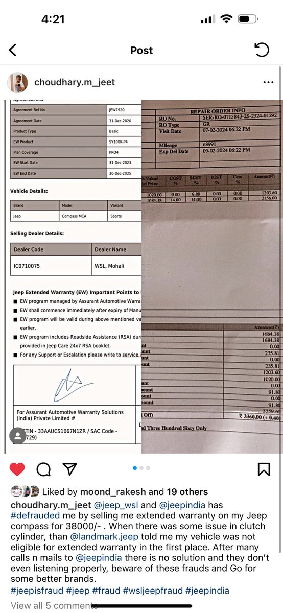 PunitSaharan's tweet photo. @JeepIndia has #defrauded us by selling us extended warranty on my Jeep compass for 38000/- . When there was some issue in clutch cylinder, then they told me my vehicle was not eligible for extended warranty in the first place. https://t.co/QKi7ZuNJtz