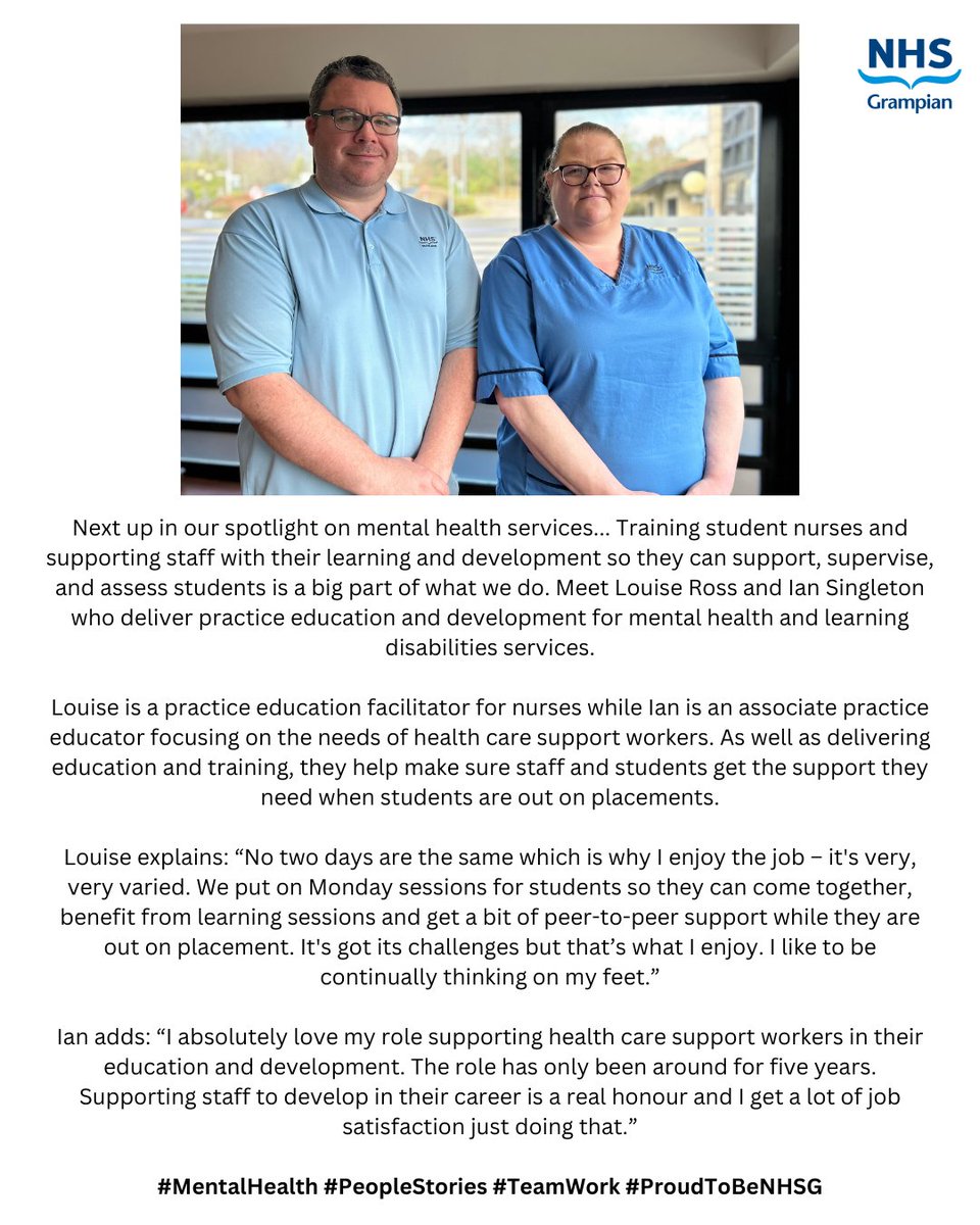 Next up in our spotlight on mental health services... Meet Louise Ross and Ian Singleton who deliver practice education and development for mental health and learning disabilities services. #MentalHealth #PeopleStories #TeamWork #ProudToBeNHSG @SNGMHLD @NHSG_PEFs @iain19831