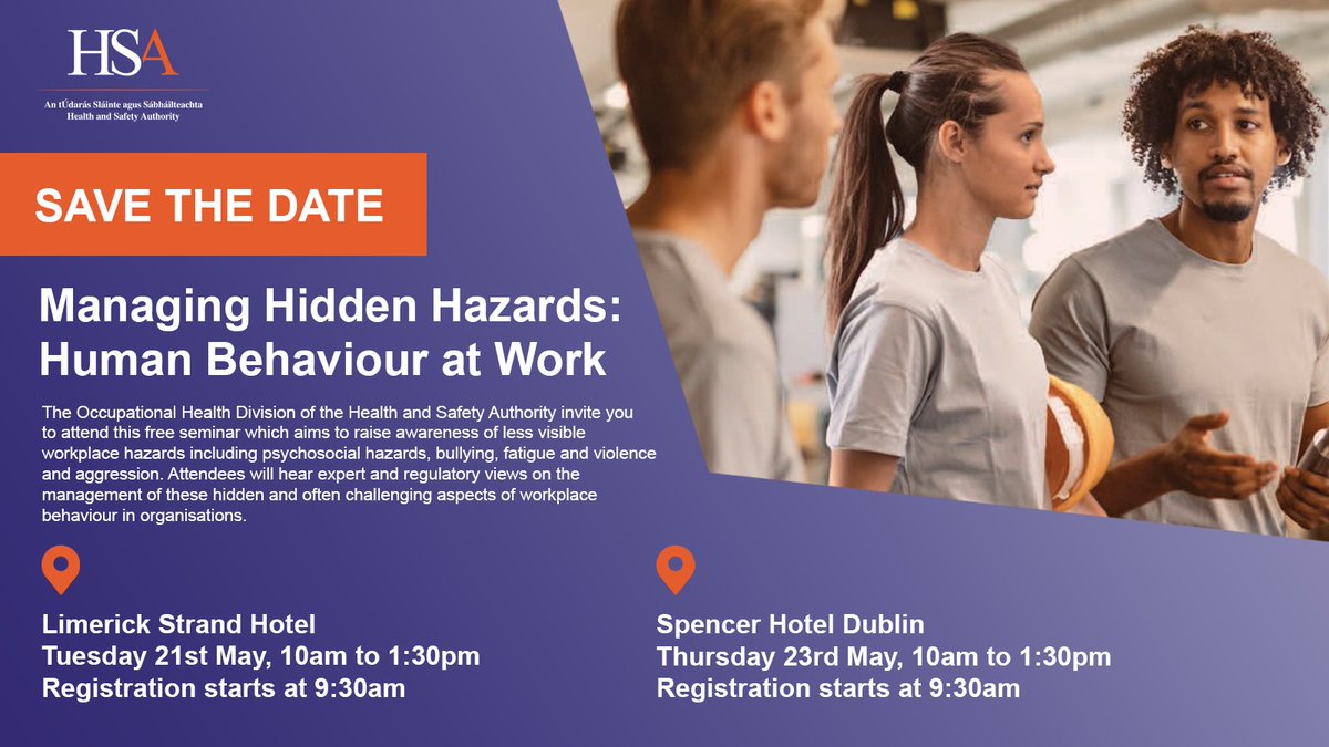 📆 SAVE THE DATE Join us for a FREE seminar on Managing Hidden Hazards: Human Behaviour at Work Topics: 🔸 Psychosocial hazards 🔸 Bullying 🔸 Fatigue 🔸 Violence and aggression 📍 Limerick, Tuesday May 21st 📍 Dublin, Thursday May 23rd #psychosocialhazards #workplacebullying