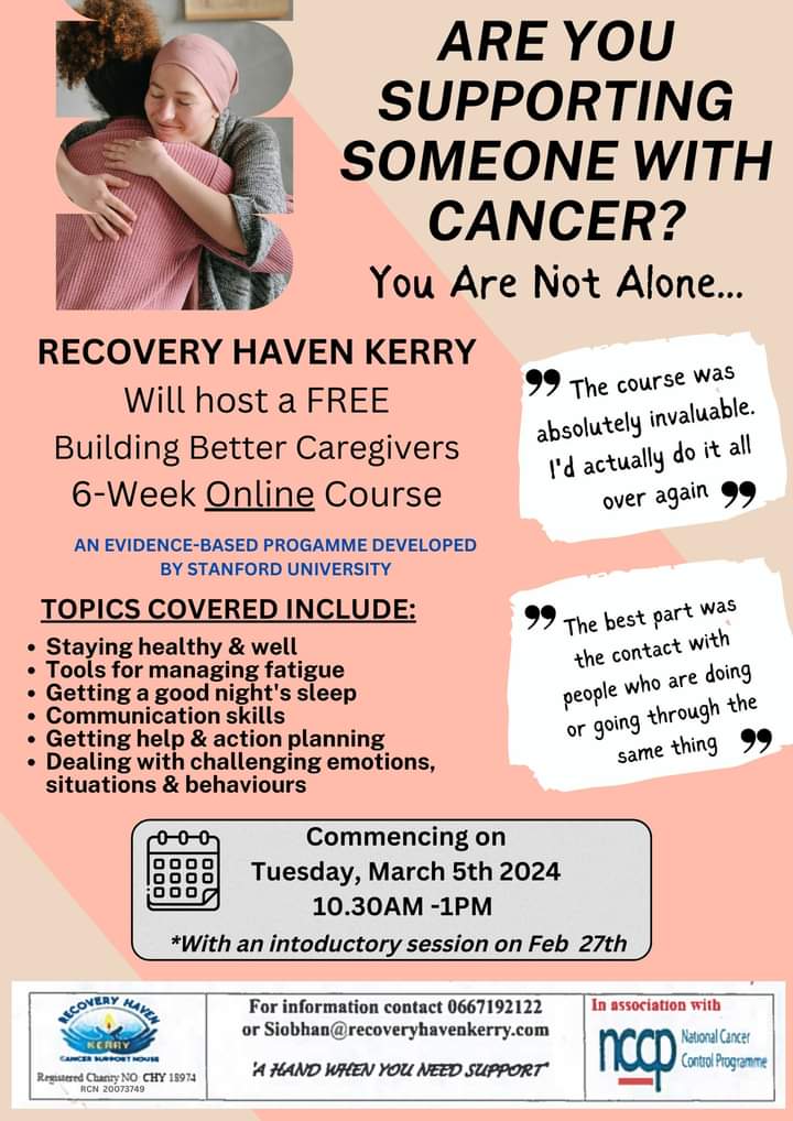 Recovery Haven Kerry (@recoveryhaven) on Twitter photo We still have a few places left for this wonderful course, aimed at those caring for a loved one with cancer.
All the details are below, so please get in touch with us on 0667192122 if you would like to register <a href="/IrishCancerSoc/">Irish Cancer Society</a> <a href="/hseNCCP/">NCCP</a> <a href="/CorkARCcancer/">Cork ARC Cancer Support House</a> <a href="/kerryhospice/">Kerry Hospice</a> <a href="/KerryCancer/">Kerry Cancer Support</a> We still have a few places left for this wonderful course, aimed at those caring for a loved one with cancer.
All the details are below, so please get in touch with us on 0667192122 if you would like to register <a href="/IrishCancerSoc/">Irish Cancer Society</a> <a href="/hseNCCP/">NCCP</a> <a href="/CorkARCcancer/">Cork ARC Cancer Support House</a> <a href="/kerryhospice/">Kerry Hospice</a> <a href="/KerryCancer/">Kerry Cancer Support</a>