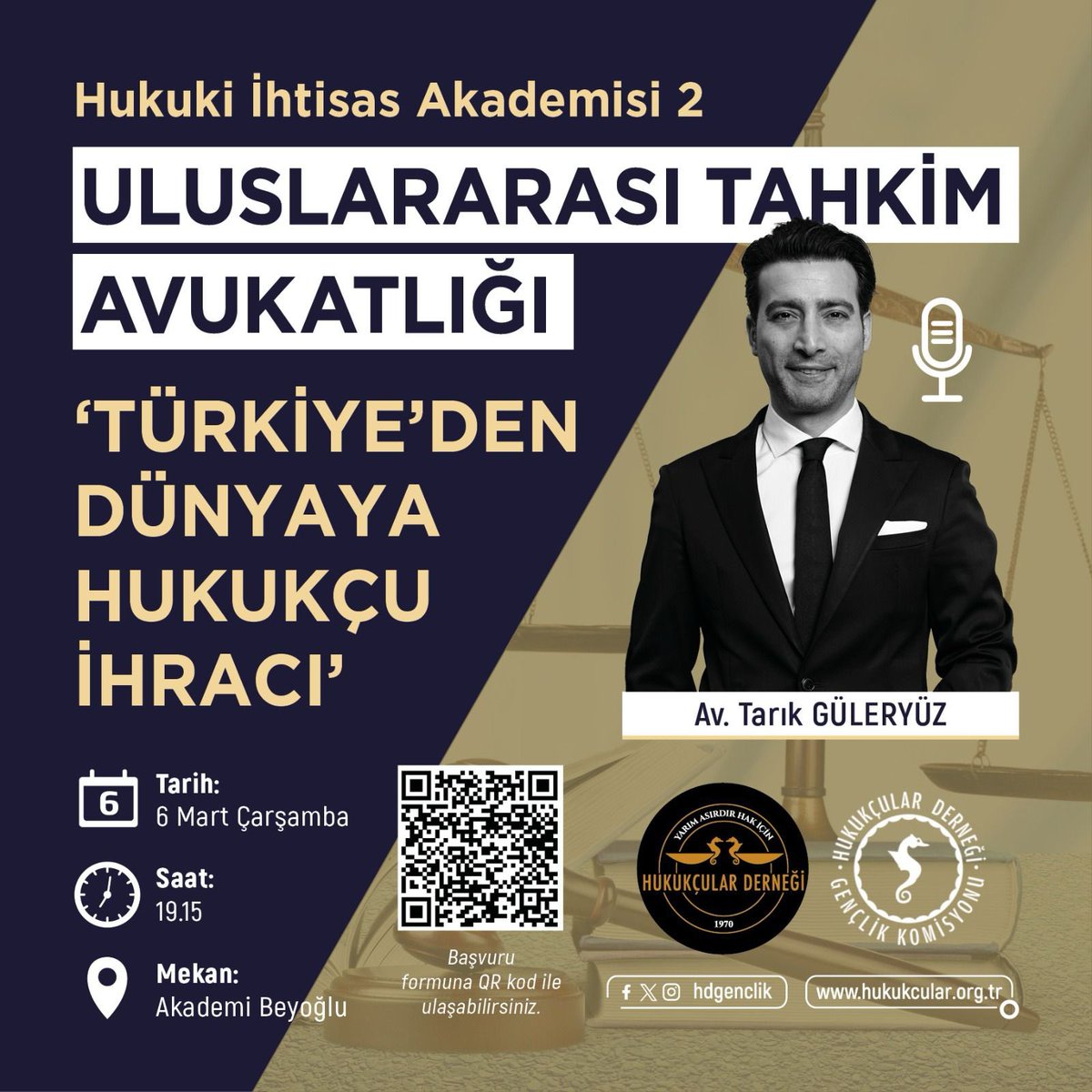 HDGK olarak Hukuk İhtisas Akademisi Eğitimleri serimizin Uluslararası Tahkim Avukatlığı programı çerçevesinde Güleryüz Partners’ın Kurucu Ortağı, değerli Av. Tarık GÜLERYÜZ’ü 6 Mart Çarşamba günü 19.15’te Akademi Beyoğlu’nda ağırlayacağız. +